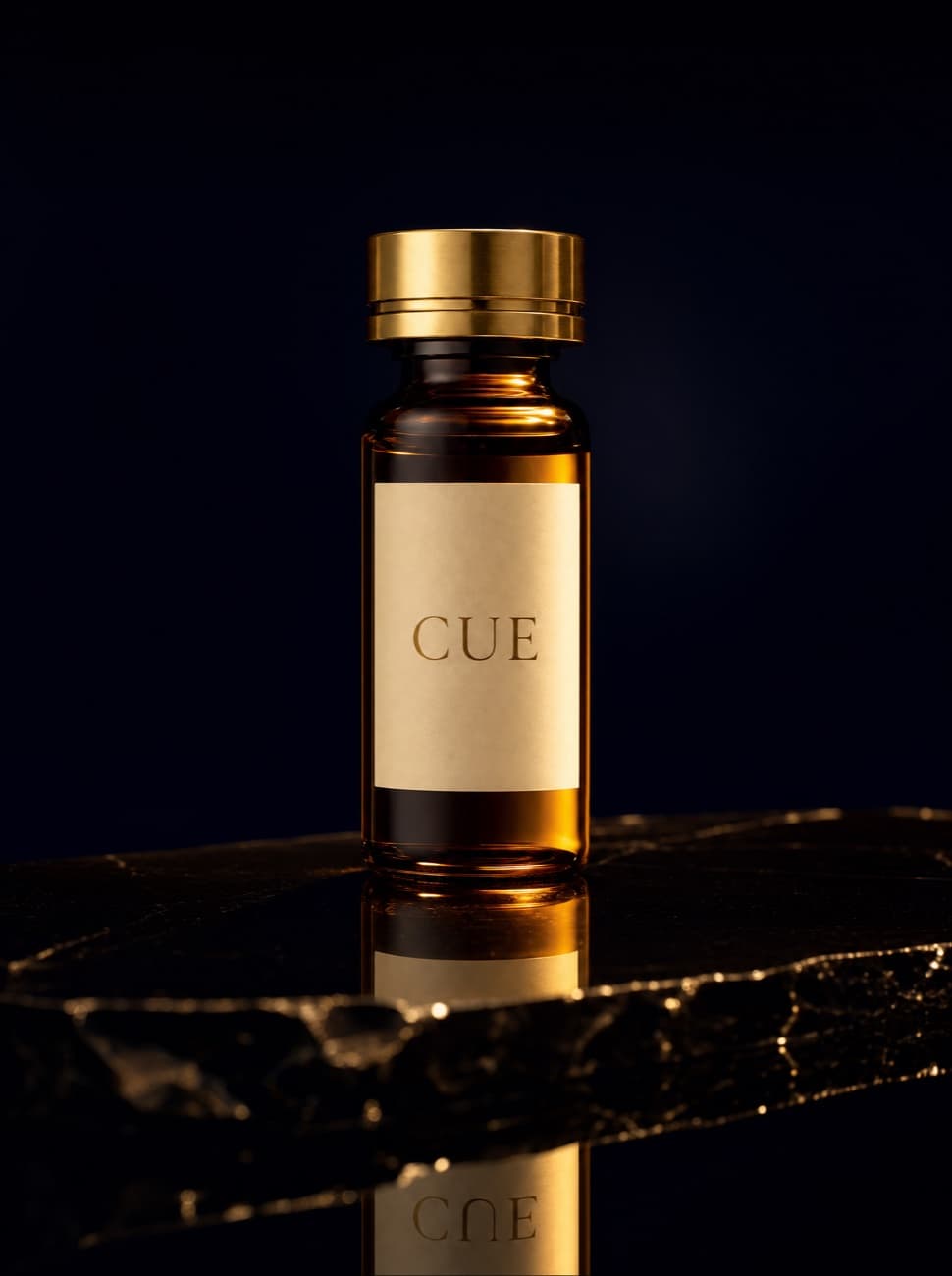 A Cue vial presented as a flacon in a midnight-navy and gold vitrine